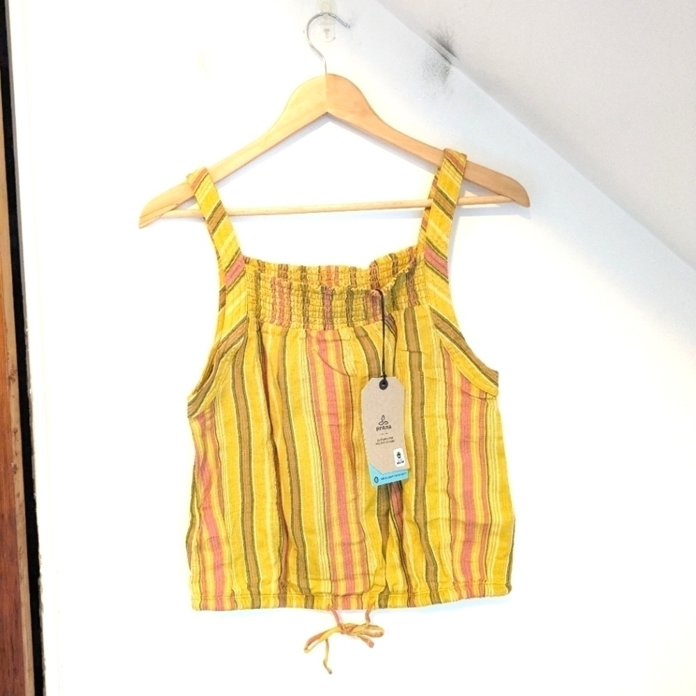 PRANA Stripped Little Palm Organic Cotton Cami Top in Leapfrog Stripe NEW M